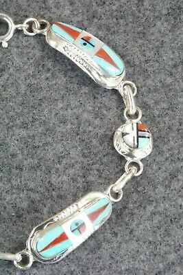 Turquoise, Coral & Sterling Silver Link Bracelet - Patty Edaakie