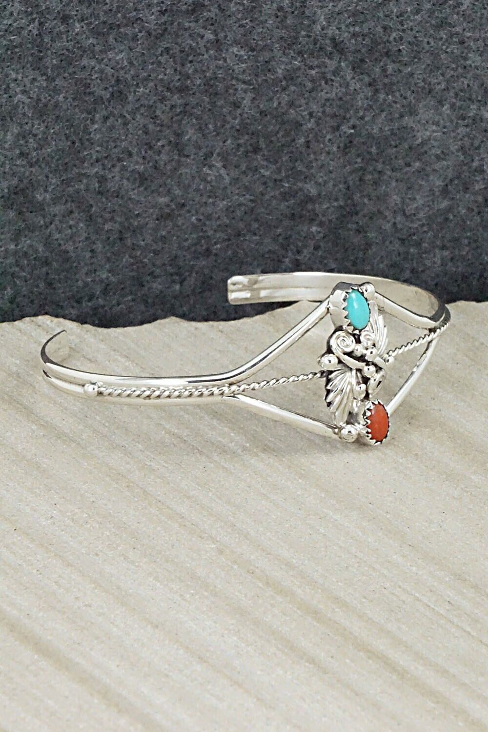 Turquoise, Coral & Sterling Silver Bracelet - William Begay