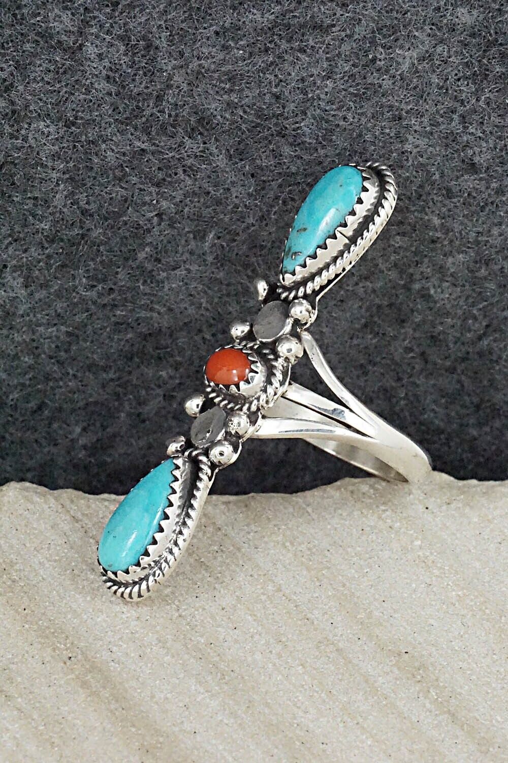 Turquoise, Coral & Sterling Silver Ring - Andrew Vandever - Size 7