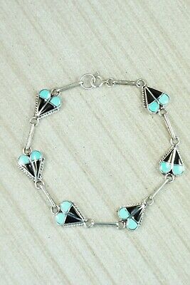 Turquoise, Onyx & Sterling Silver Heart Link Bracelet - Velda Nastacio