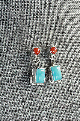 Turquoise & Coral Sterling Silver Earrings - Verley Betone