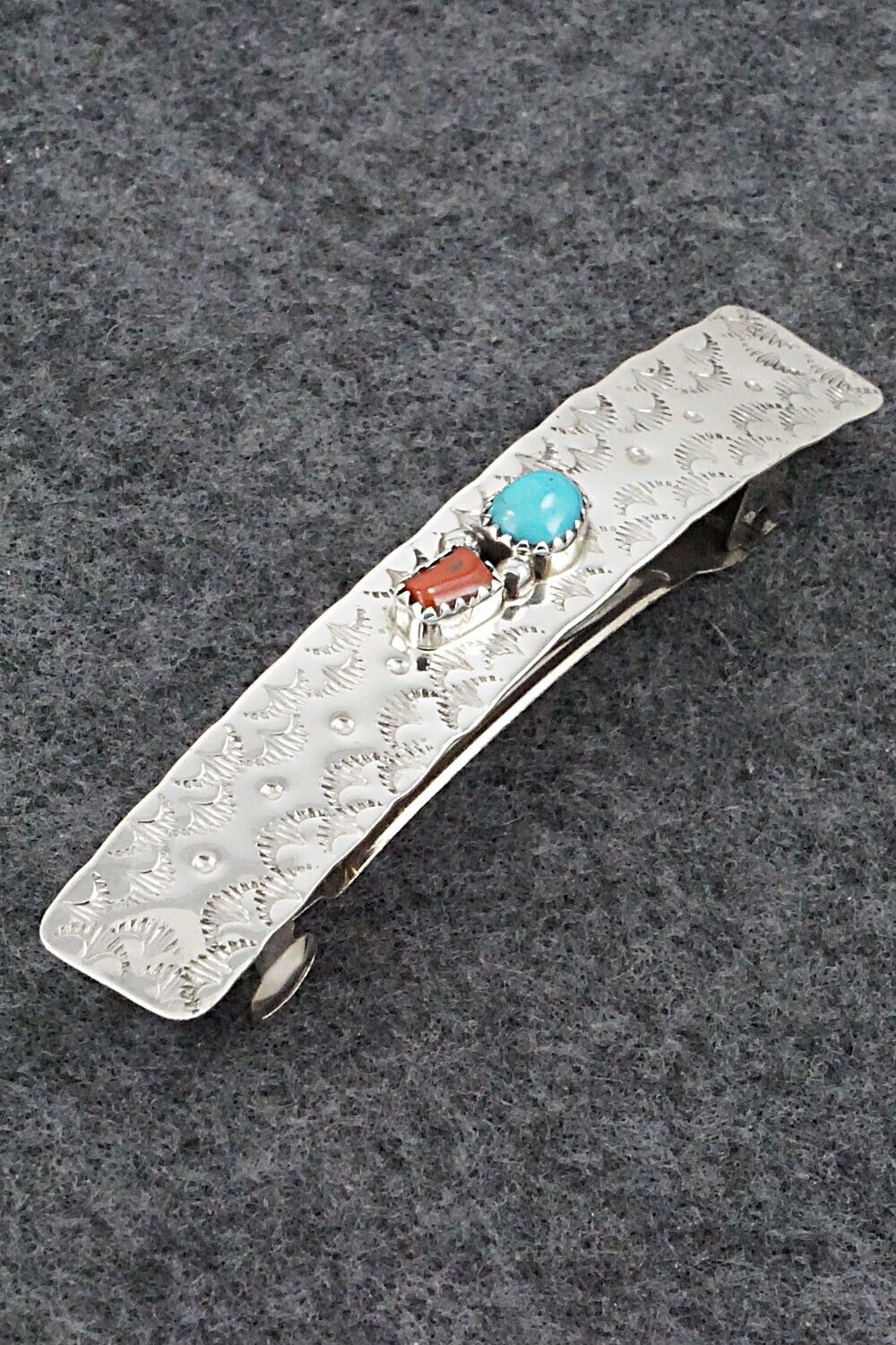 Turquoise, Coral & Sterling Silver Hair Barrette - Sally Arviso