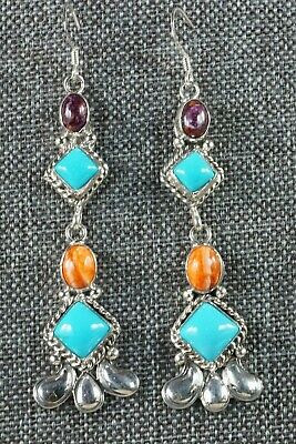Turquoise & Spiny Oyster Sterling Silver Earrings - Native American - Navajo - High Lonesome Trading