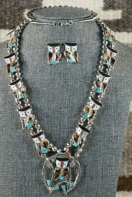 Zuni Inlay Owl Necklace and Sterling Silver Earring Set - Pitkin Natewa - High Lonesome Trading