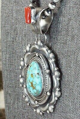 Turquoise, Coral Pendant & Sterling Silver Necklace - Tom Lewis