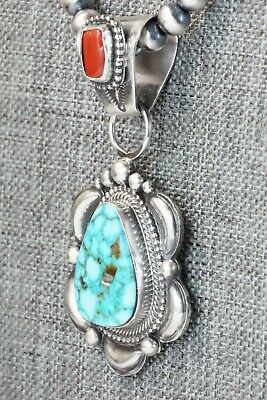 Turquoise, Coral Pendant & Sterling Silver Necklace - Tom Lewis
