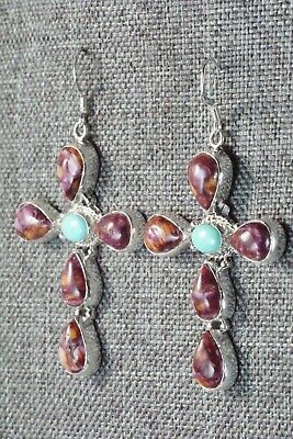 Spiny Oyster, Turquoise & Sterling Silver Cross Earrings - Navajo - High Lonesome Trading