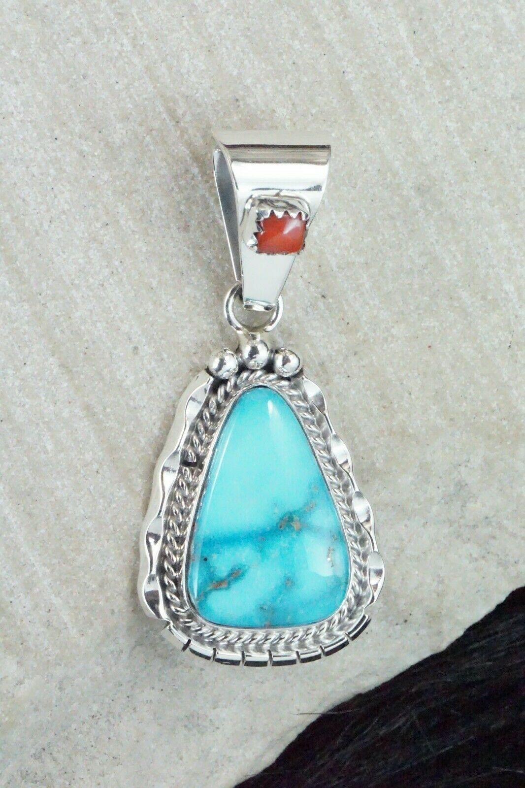 Turquoise, Coral & Sterling Silver Pendant - Navajo