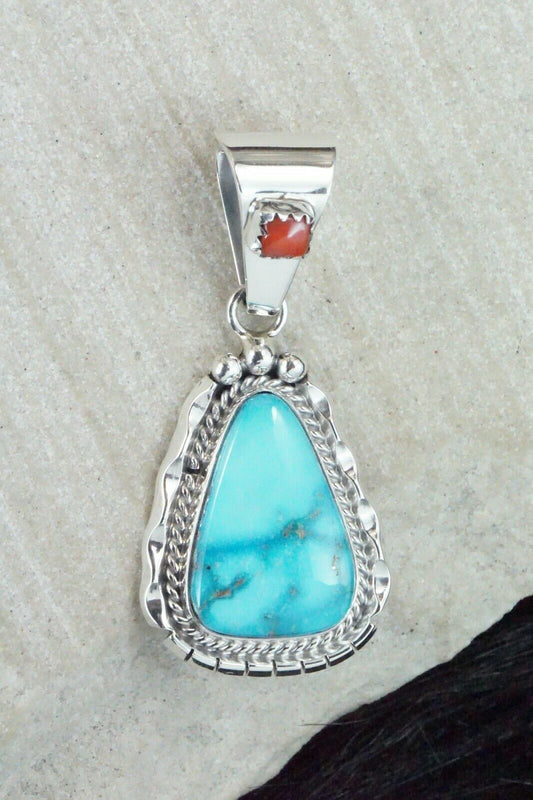 Turquoise, Coral & Sterling Silver Pendant - Navajo