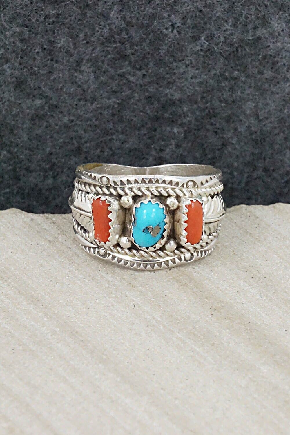Turquoise, Coral and Sterling Silver Ring - Betty Begay - Size 9.5