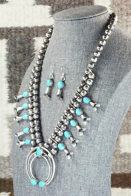 Turquoise & Sterling Silver Squash Blossom and Earrings - Leon Kirlie