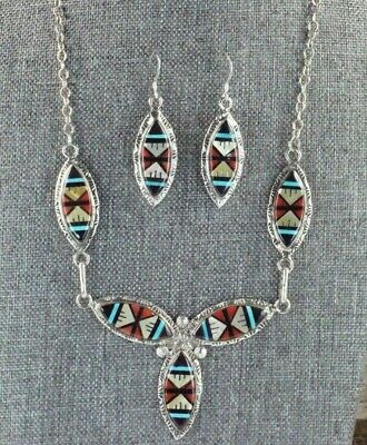 Turquoise, Coral & Sterling Silver Necklace and Earrings Set - Gladys Lamy