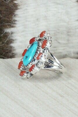 Turquoise & Coral Sterling Silver Ring - Roberta Begay - Size 5.5