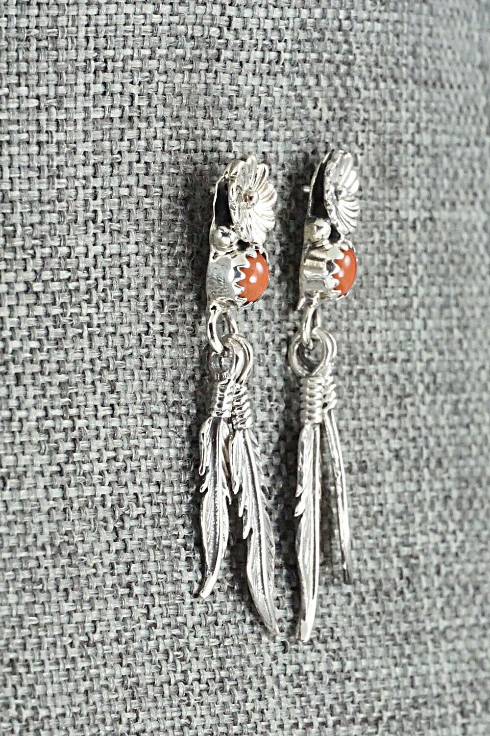 Coral & Sterling Silver Earrings - Adelarae Yazzie