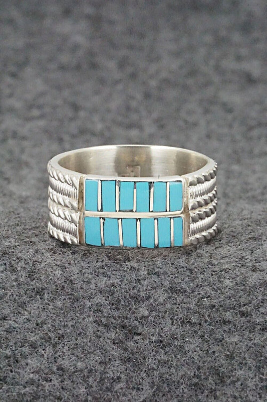 Turquoise & Sterling Silver Inlay Ring - Orlando Laweka - Size 12
