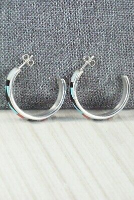 Multi Stone Inlay & Sterling Silver Hoop Earrings - Delberta Boone - High Lonesome Trading