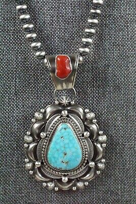 Turquoise, Coral Pendant & Sterling Silver Necklace - Tom Lewis