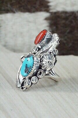 Turquoise, Coral & Sterling Silver Ring - Harry B Yazzie - Size 7.5