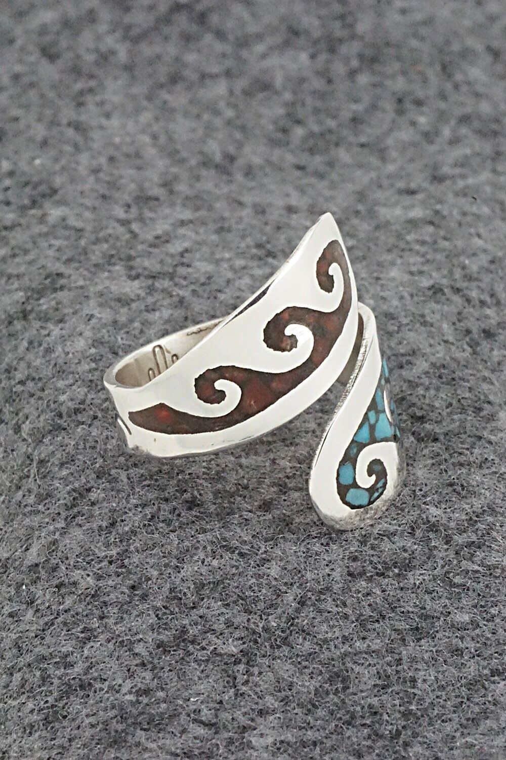 Turquoise, Coral & Sterling Silver Ring - Jolene Yazzie - Size 9