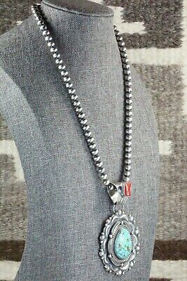 Turquoise, Coral Pendant & Sterling Silver Necklace - Tom Lewis
