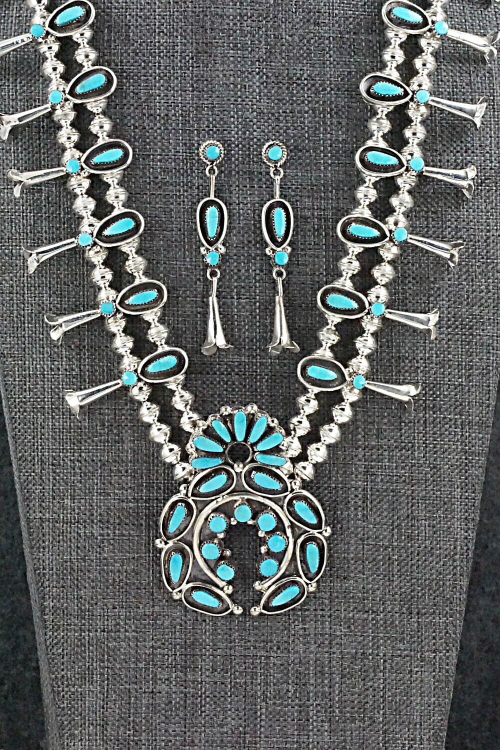Turquoise & Sterling Silver Squash Blossom and Earrings - Vie Bobelu