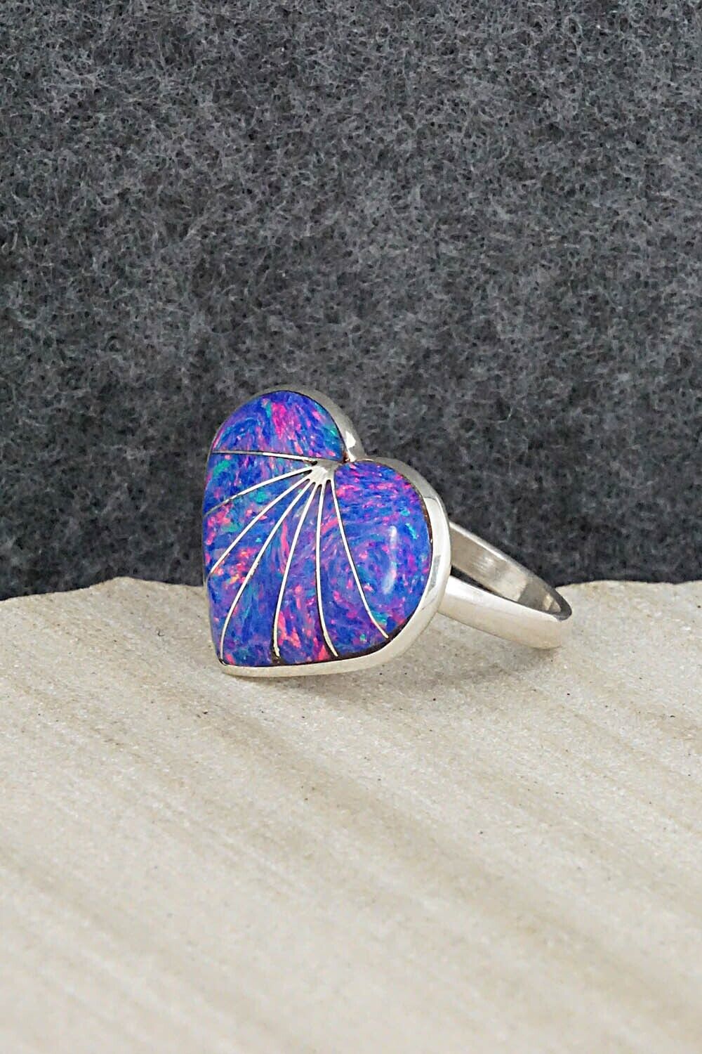 Opalite & Sterling Silver Inlay Ring - Evelyn Makee - Size 7.5