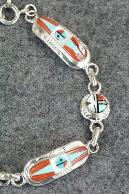 Coral, Turquoise & Sterling Silver Link Bracelet - Patty Edaakie