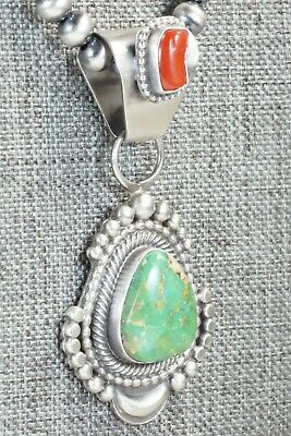 Turquoise, Coral Pendant & Sterling Silver Necklace - Tom Lewis