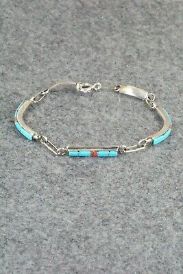 Turquoise & Coral Sterling Silver Bracelet - Roland Natachu