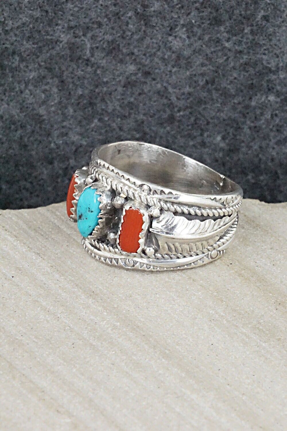 Turquoise, Coral and Sterling Silver Ring - Betty Begay - Size 10.5