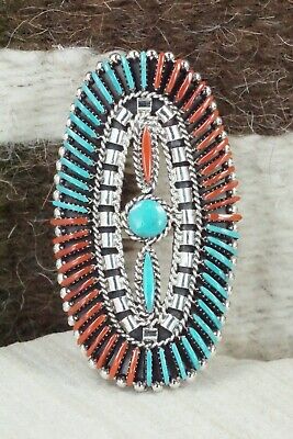 Turquoise, Coral and Sterling Silver Ring - Edmund Cooeyate - Size 7.5