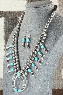 Turquoise & Sterling Silver Squash Blossom and Earrings - Leon Kirlie