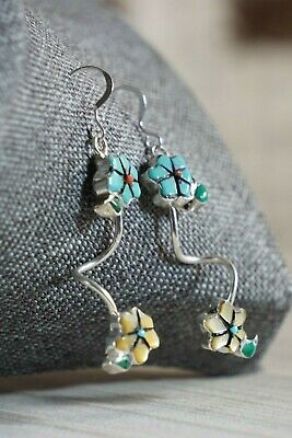 Zuni Turquoise & Sterling Silver Flower Earrings - Valerie Comosona - High Lonesome Trading