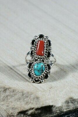 Navajo Turquoise and Coral Sterling Silver Ring - Freda Martinez - Size 6.5 - High Lonesome Trading
