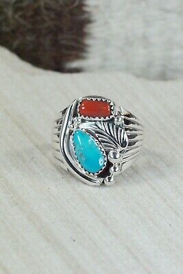 Navajo Turquoise, Coral & Sterling Silver Ring - Jeanette Saunders - Size 9.5