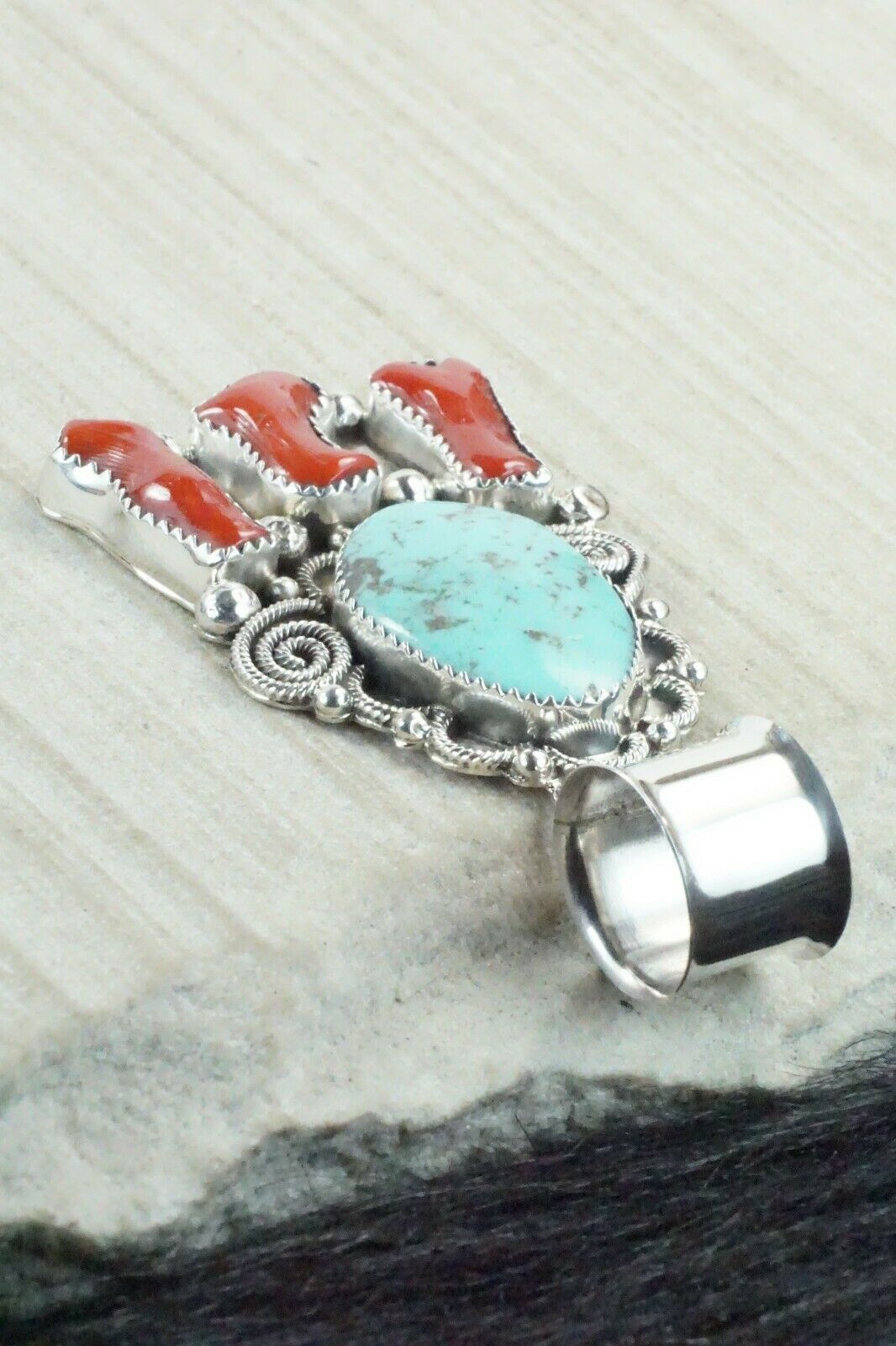 Turquoise, Coral and Sterling Silver Pendant - Shirley Largo