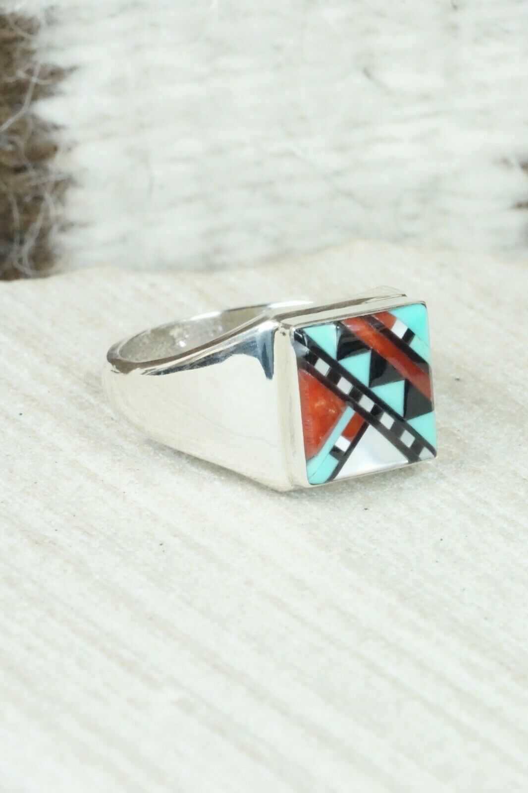 Multi Stone & Sterling Silver Ring - Herbert Kallestewa - Size 9.75