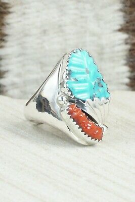 Turquoise, Coral & Sterling Silver Ring - Lyolita Tsattie - Size 7