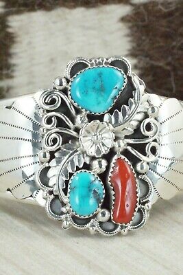 Turquoise, Coral & Sterling Silver Bracelet - Shirley Largo