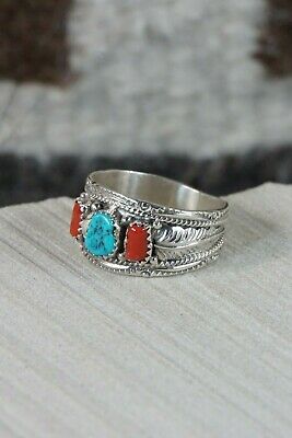 Navajo Turquoise & Coral Sterling Silver Ring - Harrison & Betty Begay - 13.75 - High Lonesome Trading