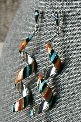 Zuni Multi Stone Inlay & Sterling Silver Spiral Earrings - Idelia Edaakie - High Lonesome Trading
