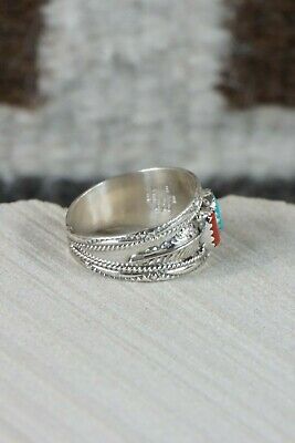 Navajo Turquoise & Coral Sterling Silver Ring - Harrison & Betty Begay - 13.75 - High Lonesome Trading