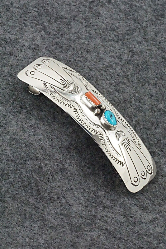 Turquoise, Coral & Sterling Silver Hair Barrette - Joann Silver