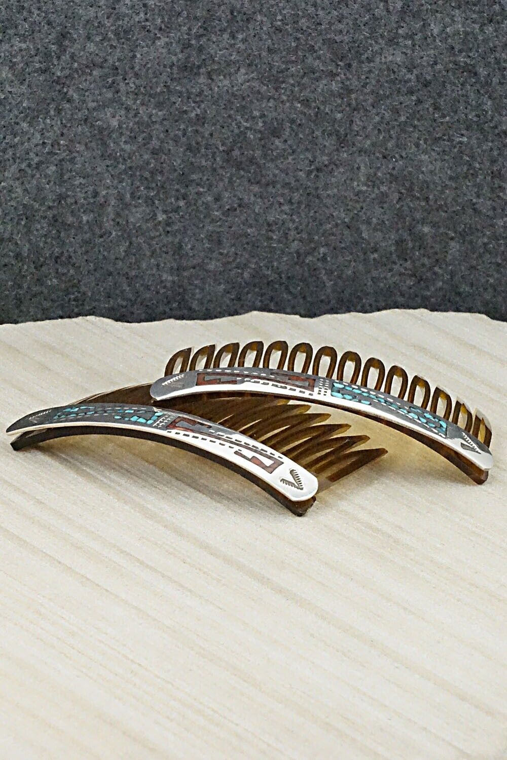 Turquoise, Coral Chip Inlay & Sterling Silver Hair Combs - Joleen Yazzie