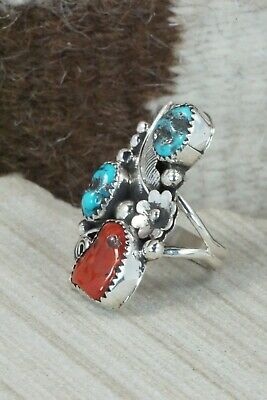 Turquoise, Coral & Sterling Silver Ring - Shirley Largo - Size 9