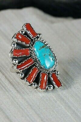 Navajo Turquoise, Coral and Sterling Silver Ring - Spencer - 6 - High Lonesome Trading