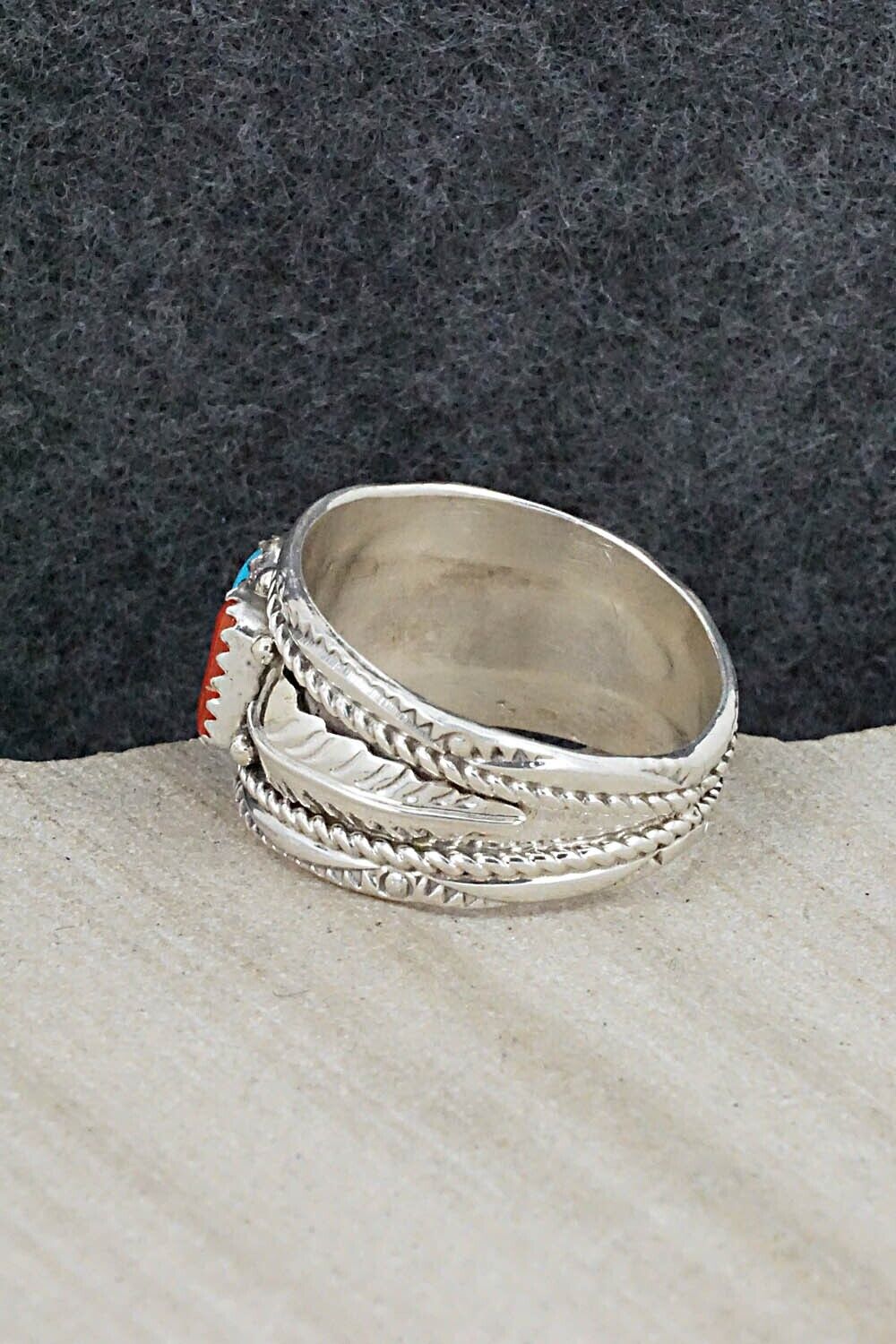 Turquoise, Coral and Sterling Silver Ring - Betty Begay - Size 11