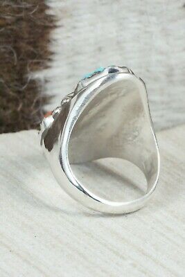 Turquoise, Coral & Sterling Silver Ring - Lyolita Tsattie - Size 13