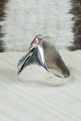 Turquoise, Coral and Sterling Silver Ring - Wilbur Myers - Size 9