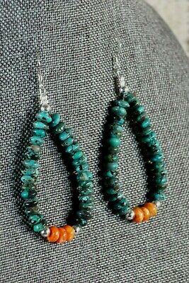 Navajo Turquoise and Spiny Oyster Hoop Earrings - Native American - High Lonesome Trading